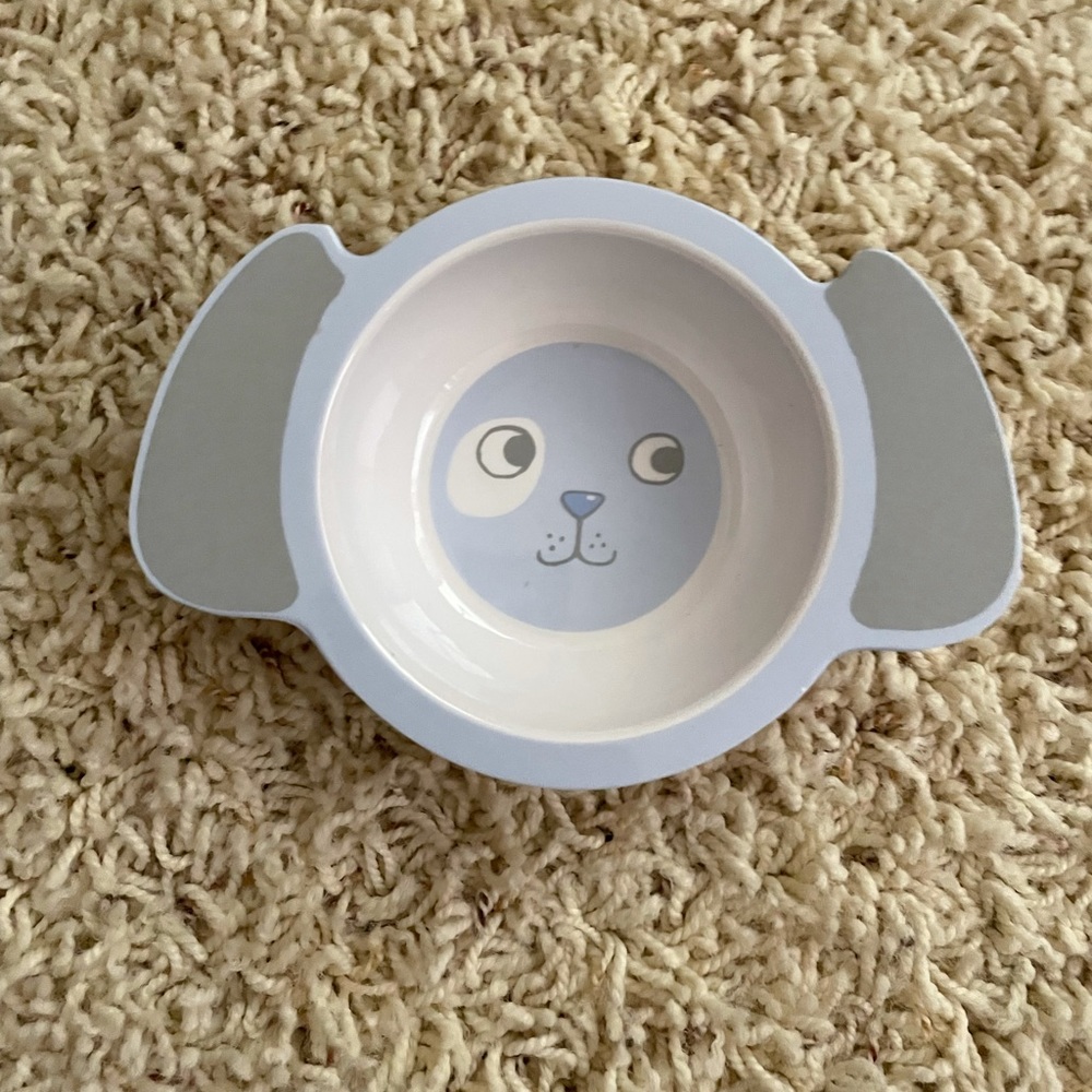 Small, light blue Pottery Barn puppy dog toddler bowl